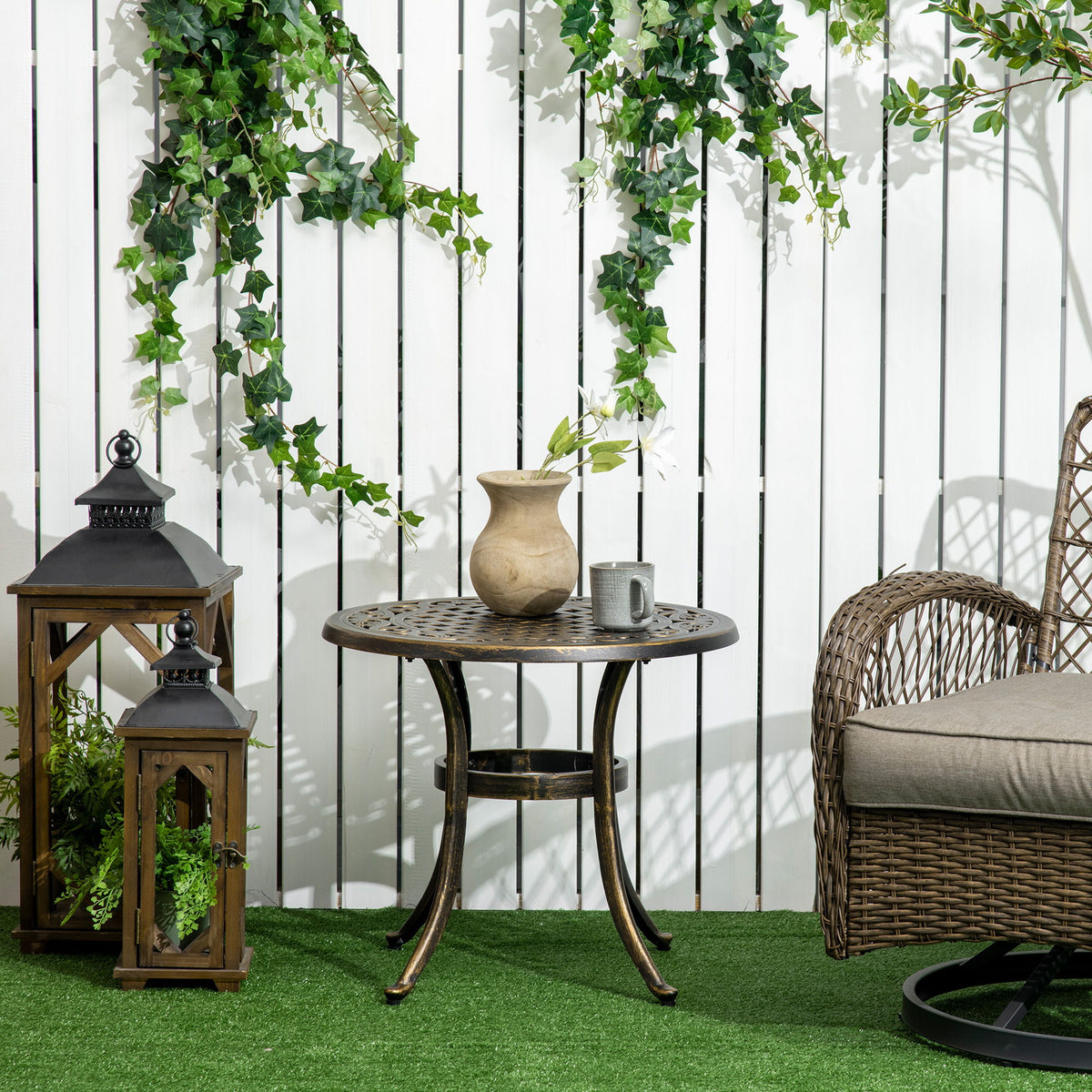 Ф23.6" Round Outdoor Side Table, Cast Aluminum Frame Patio Coffee Side Desk for Patio, Garden, Balcony, Bronze