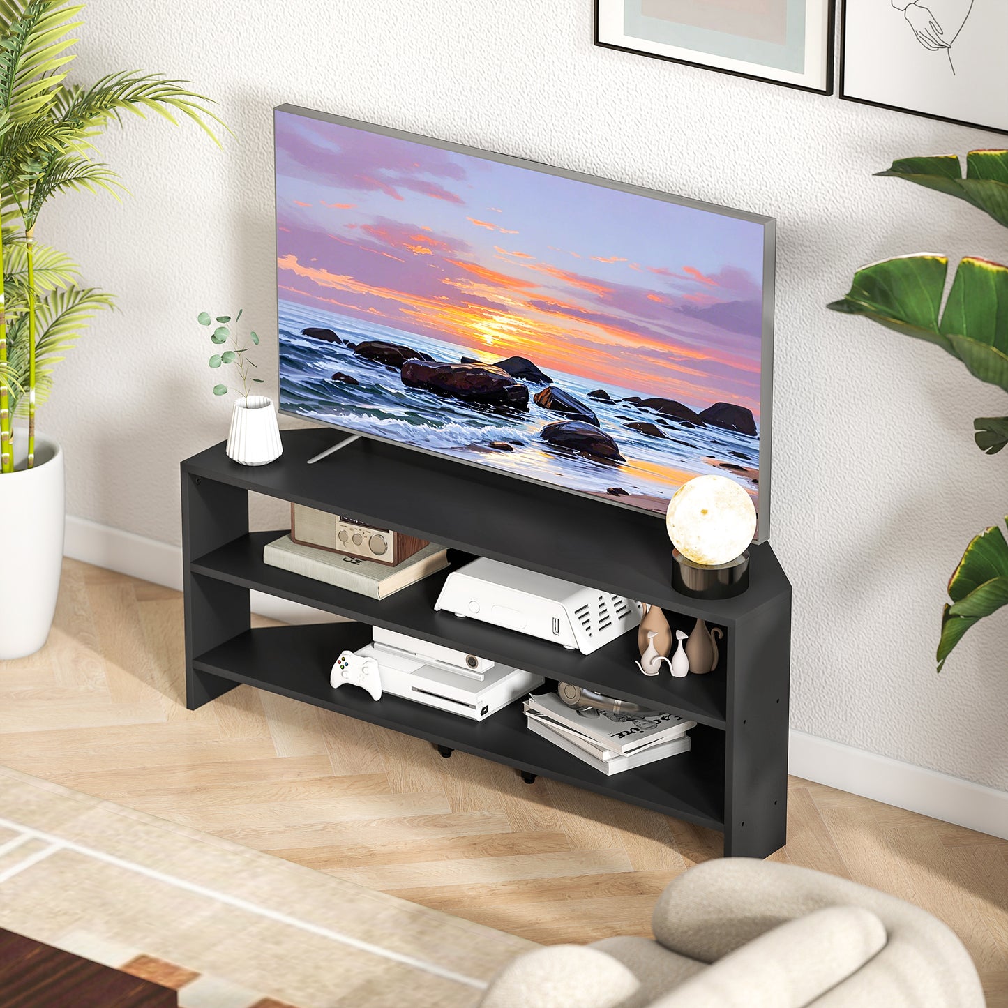 Corner TV Stand, Modern TV Table with 2 Open Shelves for 47 Inch TV, Entertainment Center for Living Room, Black