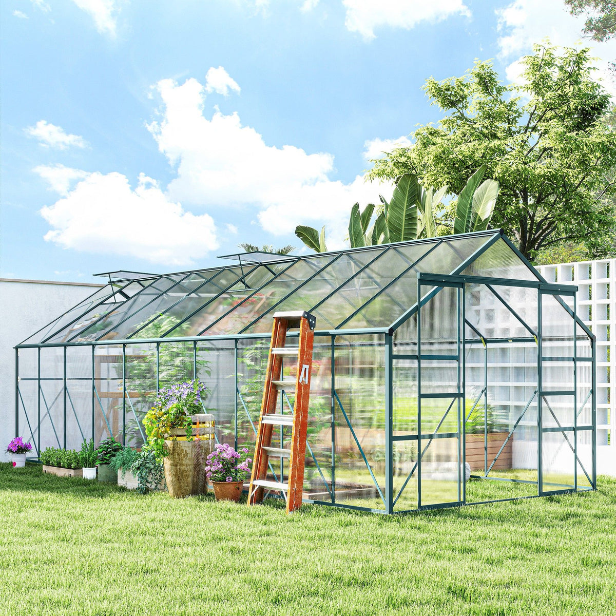 Aluminum Greenhouse Polycarbonate Walk-in Garden Greenhouse Kit with Rain Gutter and Sliding Door, 20' x 8', Green
