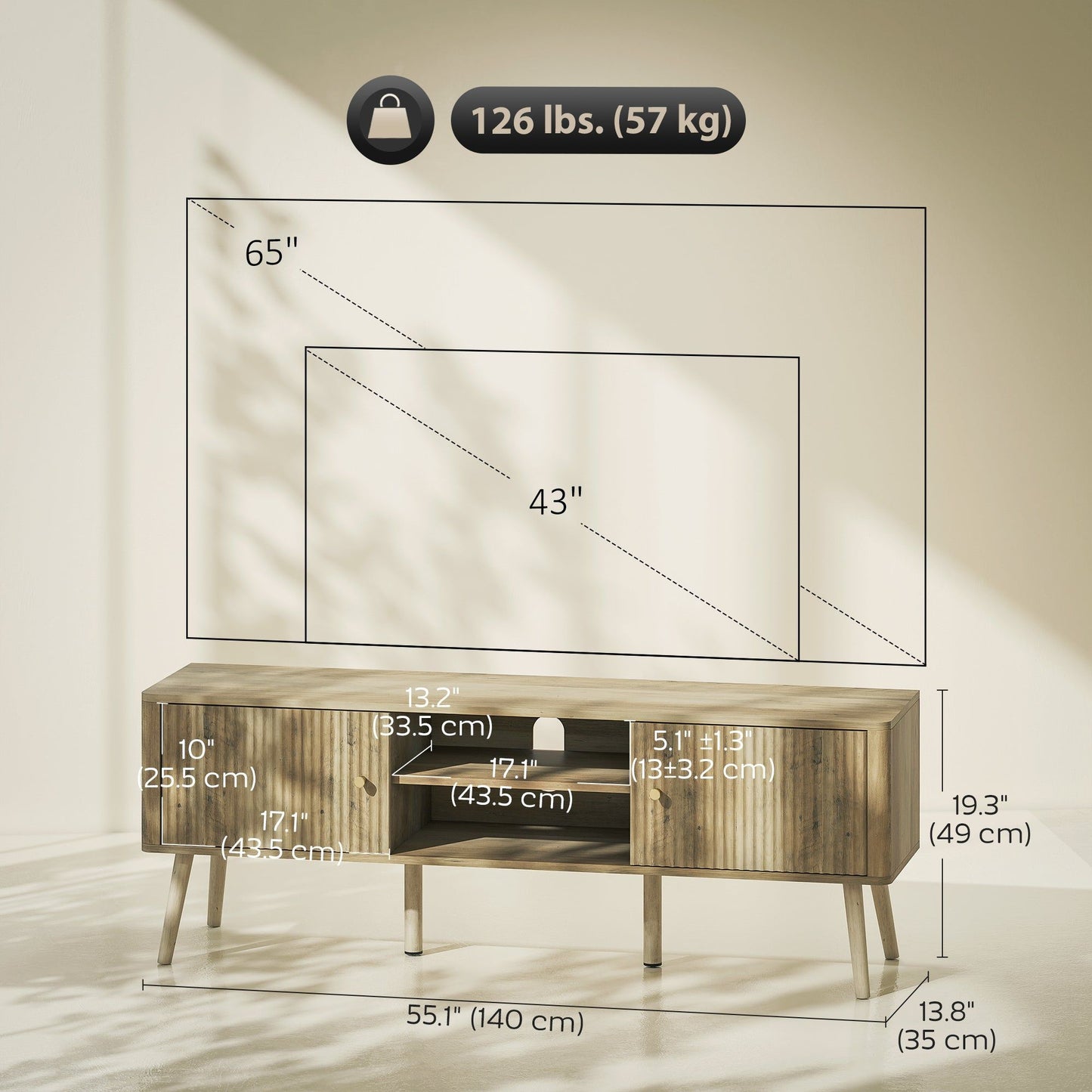 65" TV Stand with Adjustable Shelves and Pine Legs - Oak