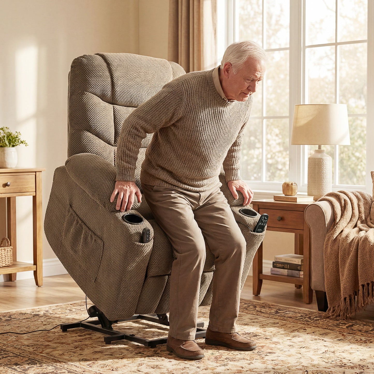 Power Recliner Chair with Massage, Electric Lift Chair for Elderly with Side Pockets, Cup Holders, Remote, Brown