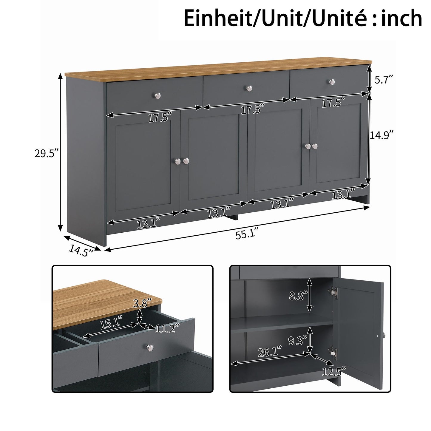 Modern Sideboard Buffet Cabinet with 3 Drawers & 4 Doors, Rustic Storage with Adjustable Shelves, 55'' L x 14.5'' W x 29.5'' H, Gray+Wood