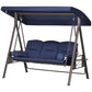Outdoor Patio 3-Person Steel Canopy Cushioned Seat Bench Swing with Included Side Trays & Padded Comfort, Dark Blue