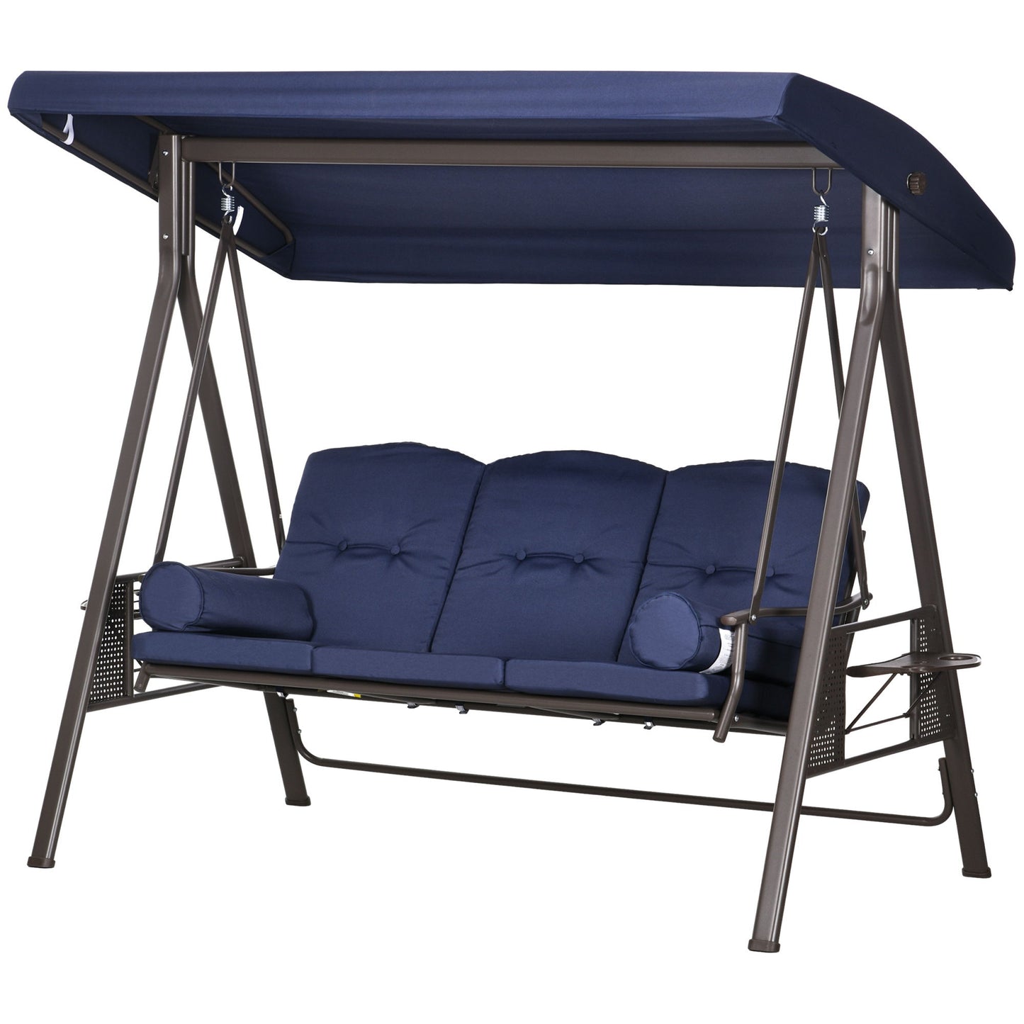 Outdoor Patio 3-Person Steel Canopy Cushioned Seat Bench Swing with Included Side Trays & Padded Comfort, Dark Blue