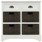 Rustic Storage Cabinet with Two Drawers and Four Rattan Baskets, Modern Farmhouse Style, Acacia Wood Frame, 28" L x 12" W x 28" H, White