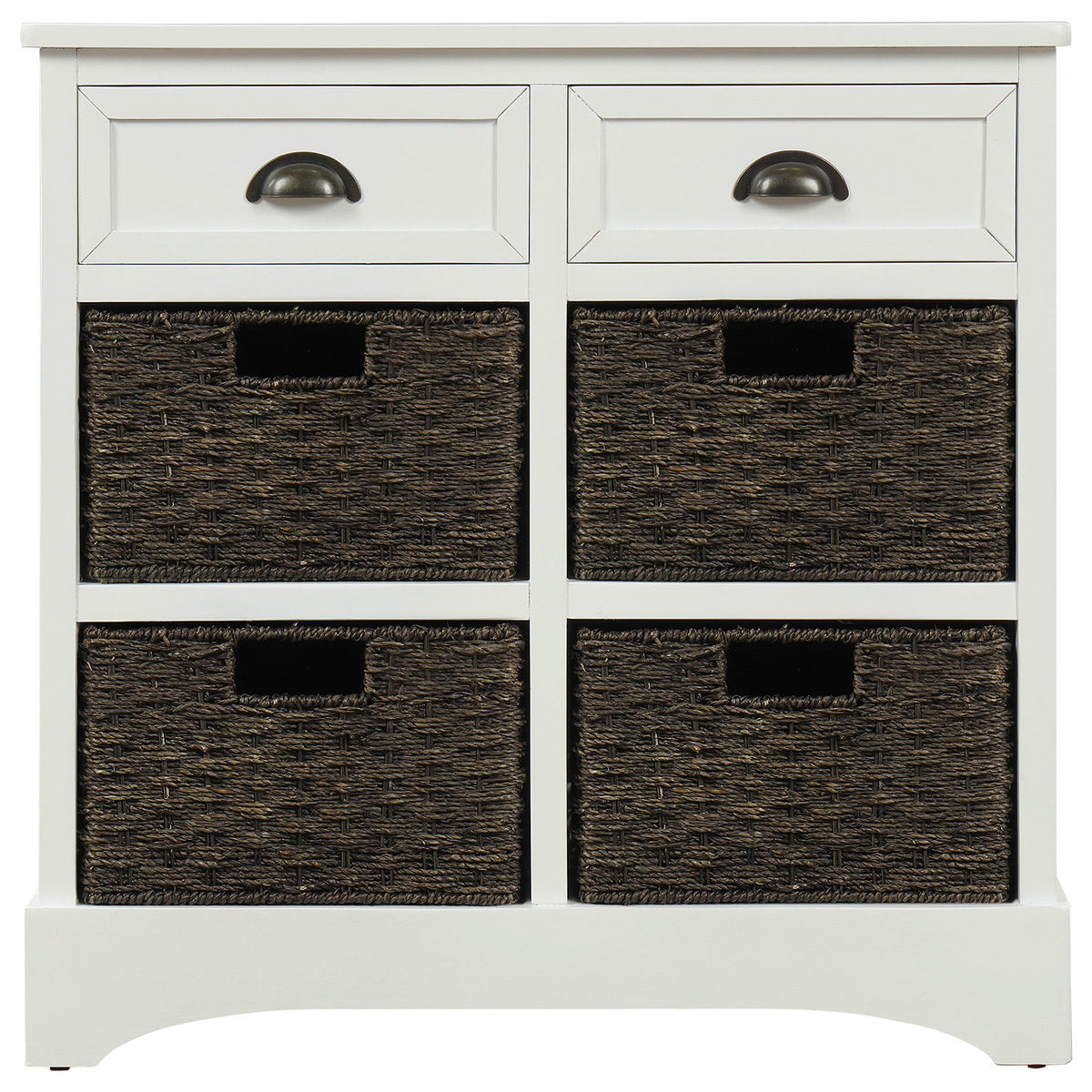 Rustic Storage Cabinet with Two Drawers and Four Rattan Baskets, Modern Farmhouse Style, Acacia Wood Frame, 28" L x 12" W x 28" H, White
