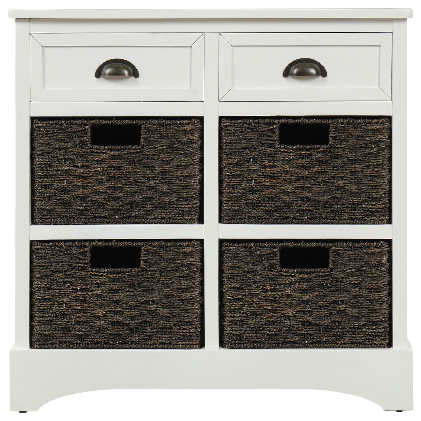 Rustic Storage Cabinet with Two Drawers and Four Rattan Baskets, Modern Farmhouse Style, Acacia Wood Frame, 28" L x 12" W x 28" H, White