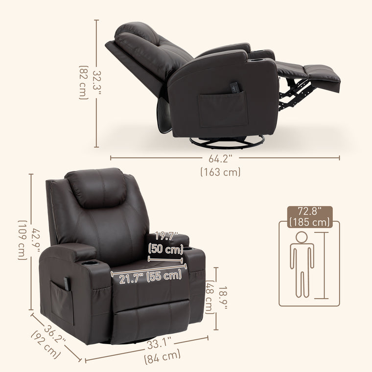 Swivel Massage Recliner with 8 Vibration Points - Brown