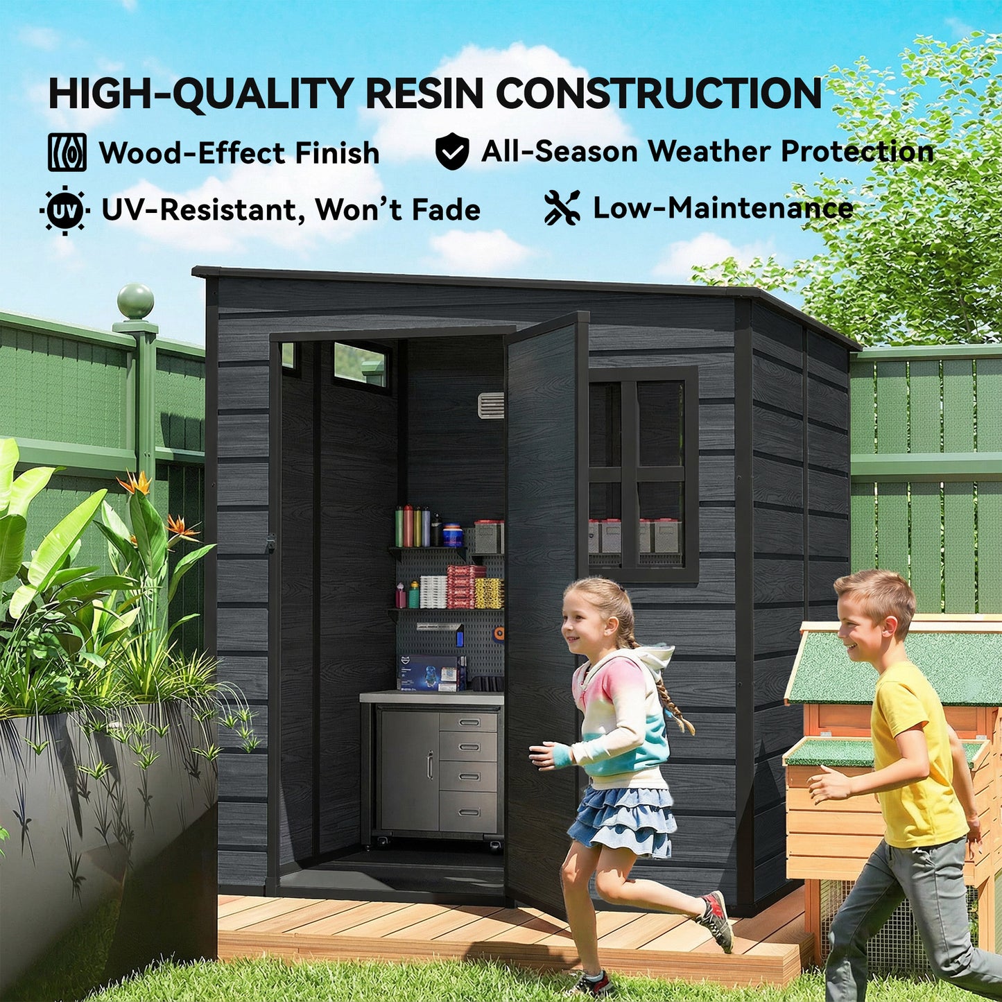 Outdoor Storage Shed with Lockable Door, Garden Shed with Vents and Windows for Backyard, Dark Grey