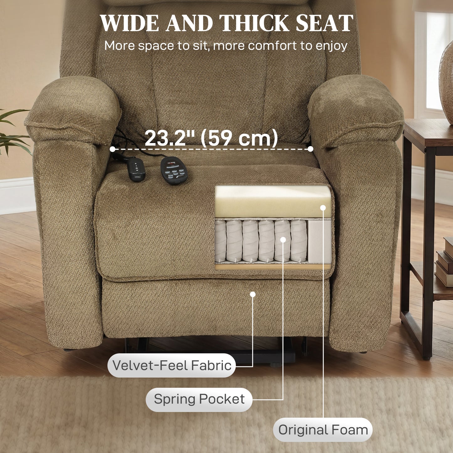 Power Recliner Chair with Massage, Electric Lift Chair for Elderly with Side Pockets, 2 Memory Positions, Remote, Brown