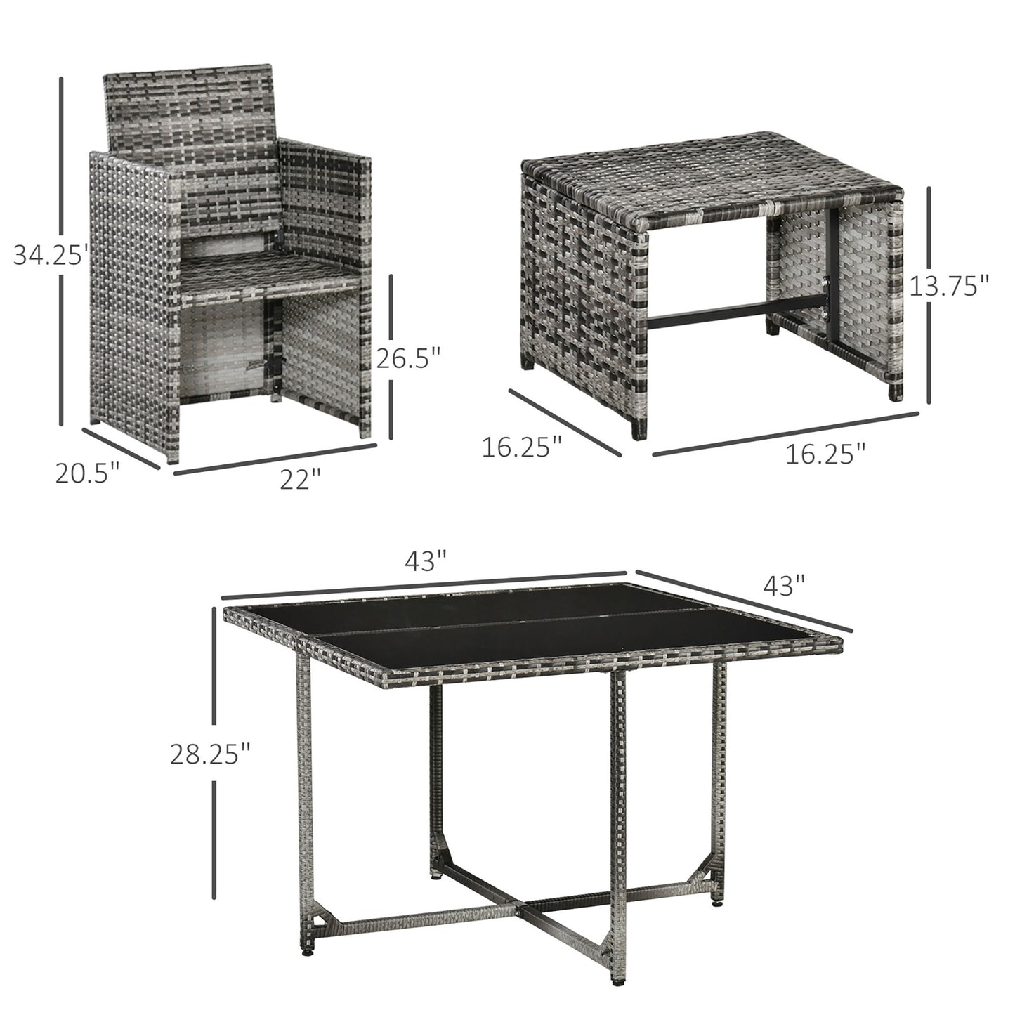 9 Pieces Wicker Patio Dining Set Outdoor Furniture Set with Removable Cushions, Glass Top Dining Table, Ottomans, PE Rattan Conversation Set for Garden Poolside, Grey