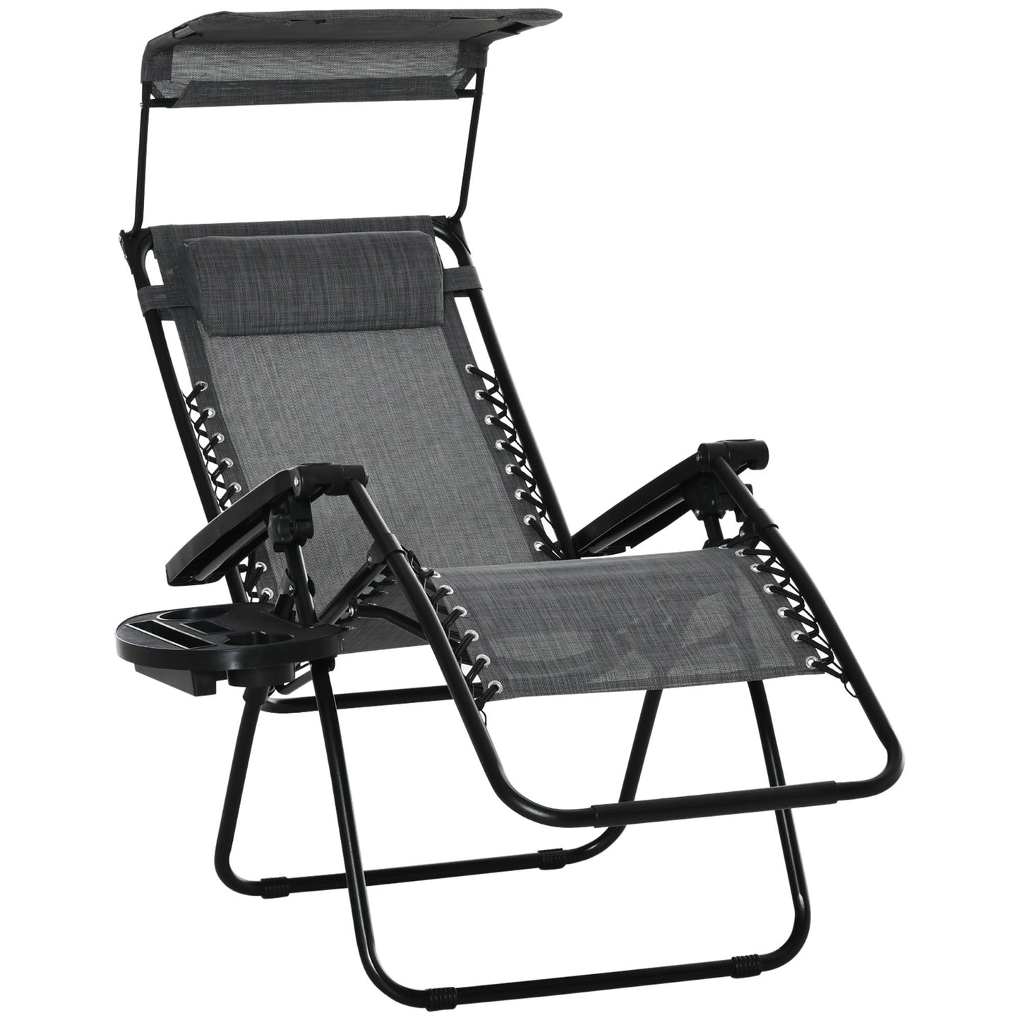 Outdoor Zero Gravity Reclining Lounger Chair with Canopy Shade, Side Tray, Cupholder, Light Grey