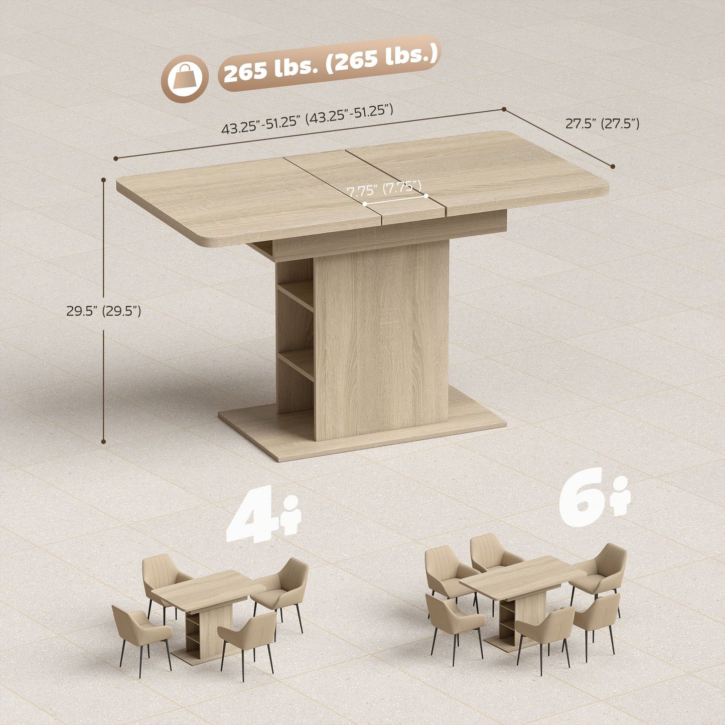 Extendable Dining Table for 4-6 with 6 Shelves - Natural Wood