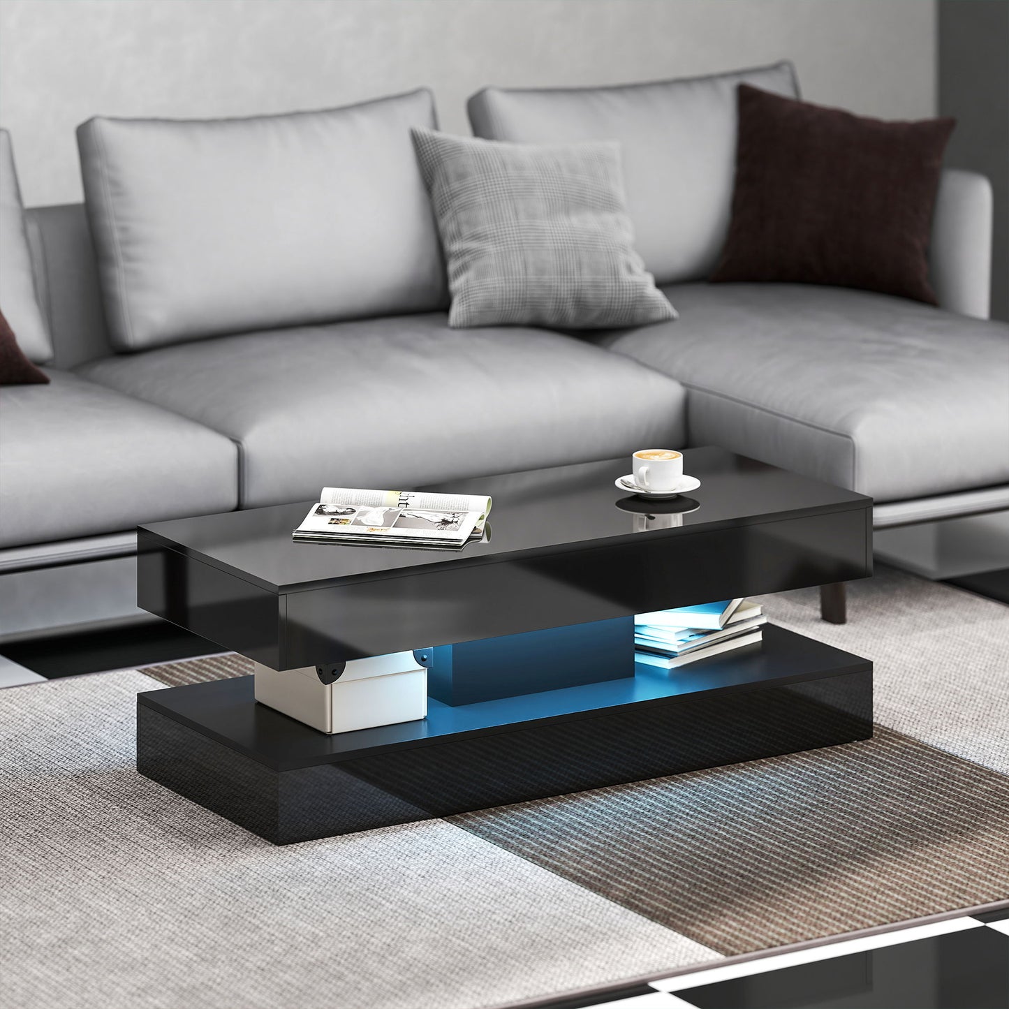 Coffee Table with Adjustable LED Lights, Modern Living Room Table with 2 Drawers, Open Shelf, Remote, High Gloss Black