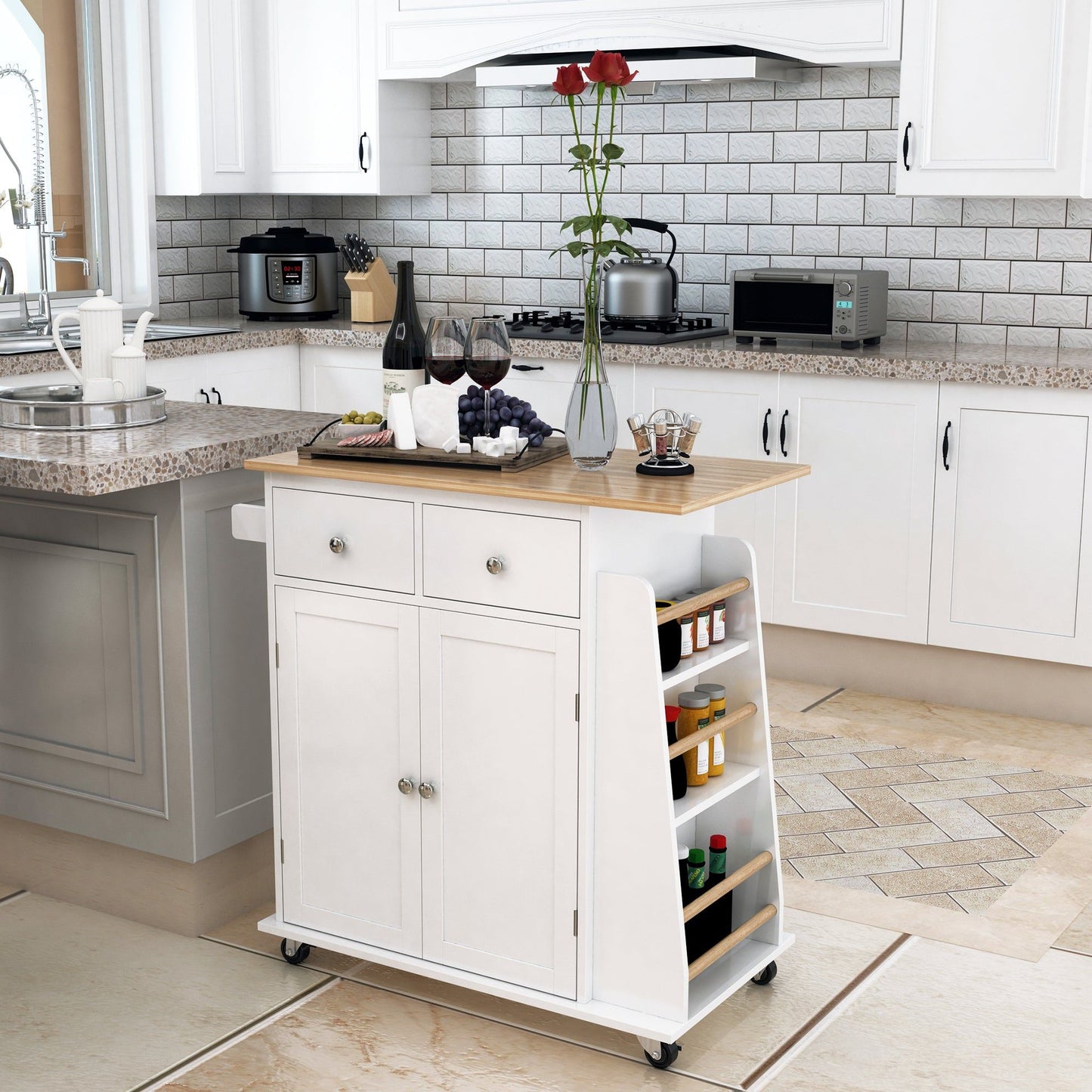 Rolling Kitchen Island Cart with Spice Rack - White