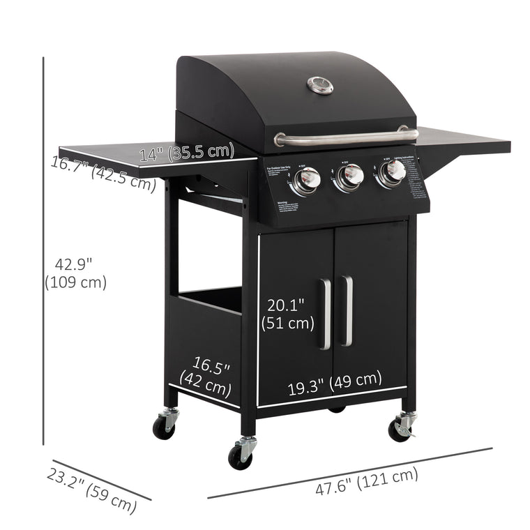 3-Burner Black Gas Grill with Warming Rack & Cabinet