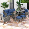 6 Piece Patio Furniture Set with Patio Chairs, Ottomans, Sofa, Glass Top Table and Cushions, Wicker Rattan Outdoor Furniture Set for Backyard, Porch, Navy Blue