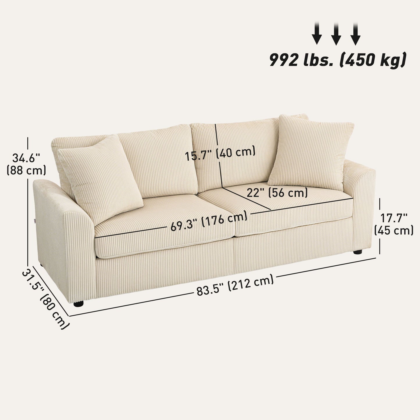 3 Seater Sofa, 83.5" Modern Upholstered Couch with Pocket Spring and 2 Scatter Cushions for Living Room, Cream White