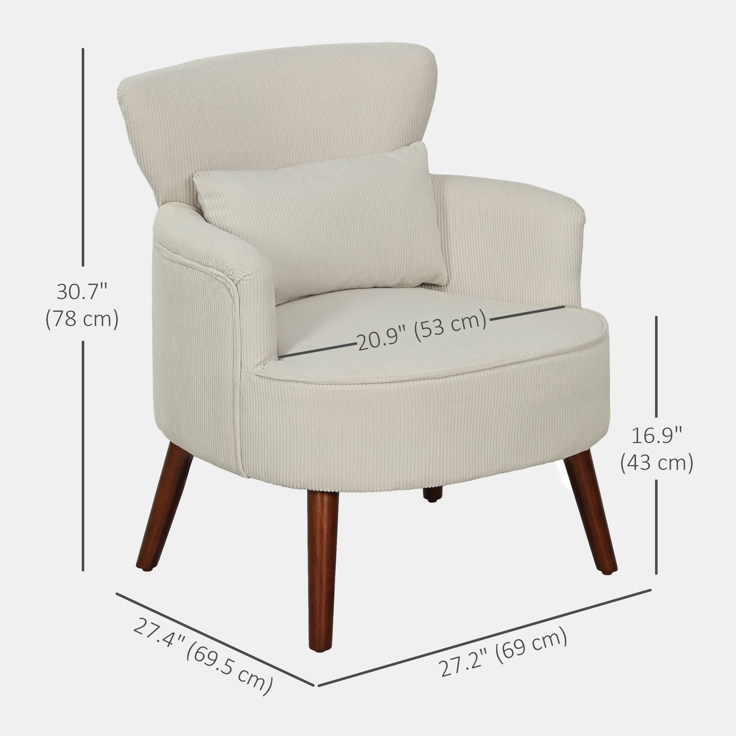 Modern Accent Chair, Upholstered Armchair with Solid Wood Legs and Lumbar Pillow for Living Room, Cream White
