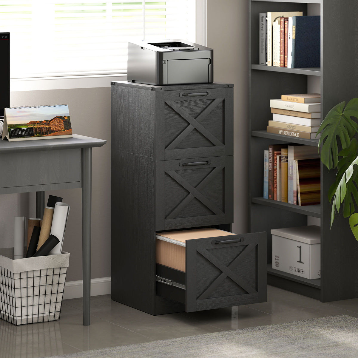 3 Drawer File Cabinet with Silent Slides, Vertical Farmhouse Filing Cabinet Fits Letter/A4 Size Home Office, Black
