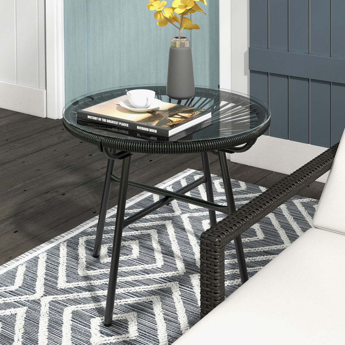Rattan Side Table, Round Outdoor Table, with Round PE Rattan and Tempered Glass Table Top for Patio, Garden, Black