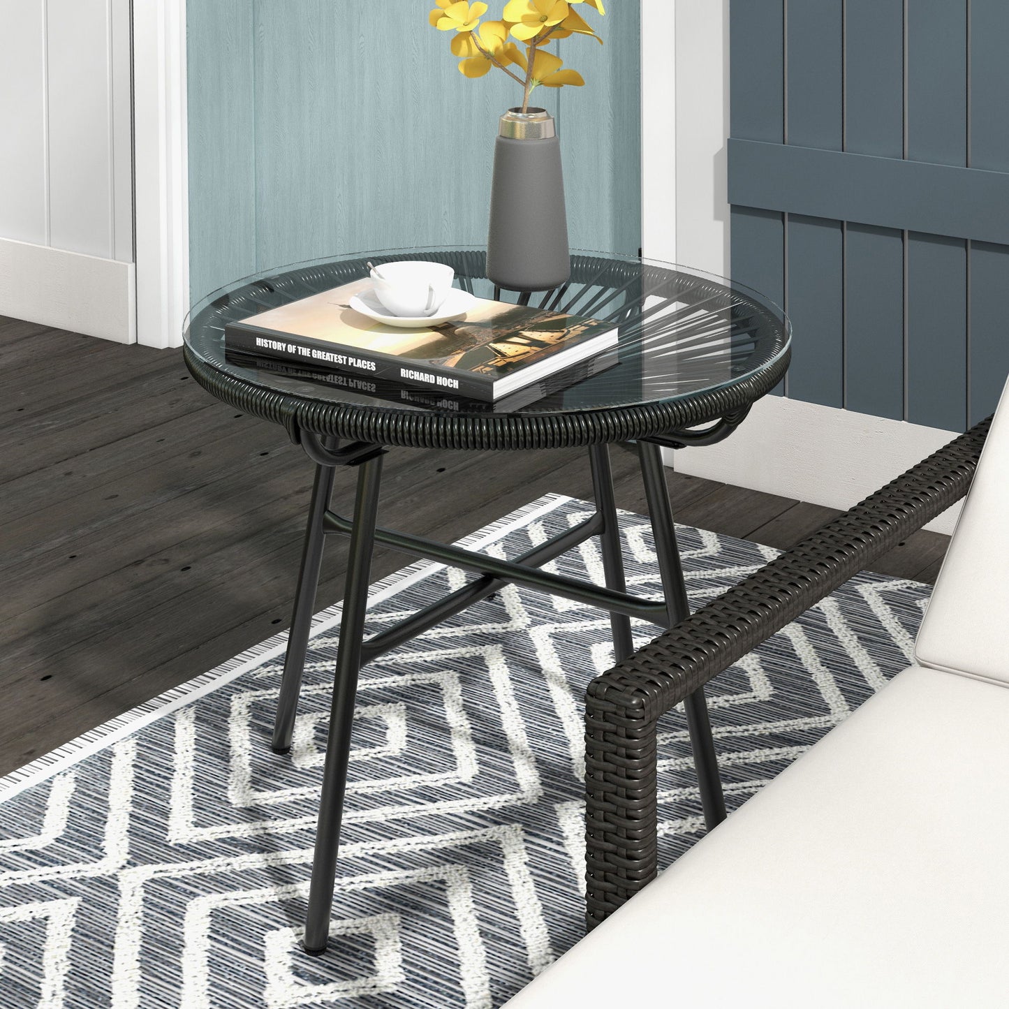 Rattan Side Table, Round Outdoor Table, with Round PE Rattan and Tempered Glass Table Top for Patio, Garden, Black