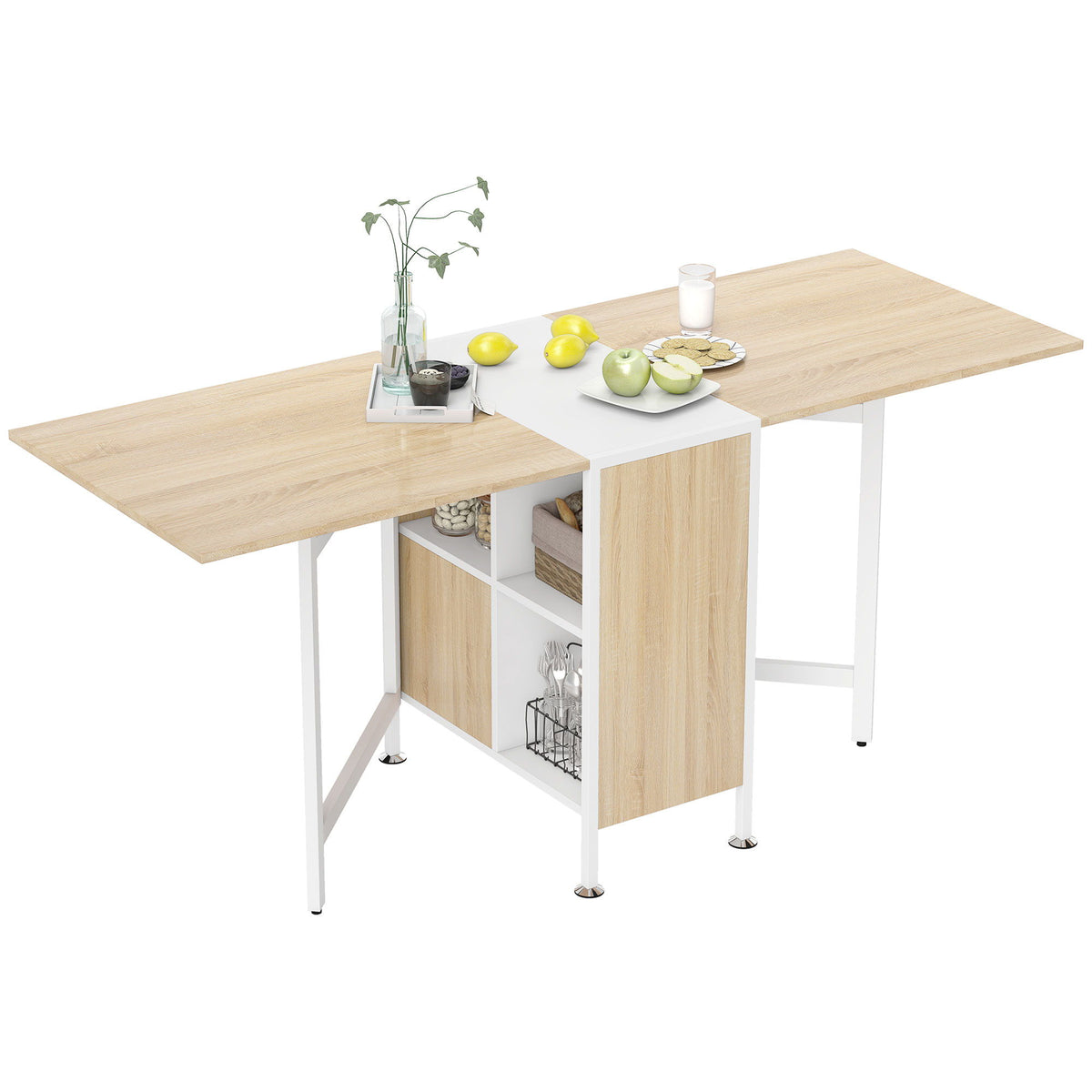 Multi-use Space Saving Folding Dining Table with Hideaway Shelves for Kitchen, Dining, Study and Office