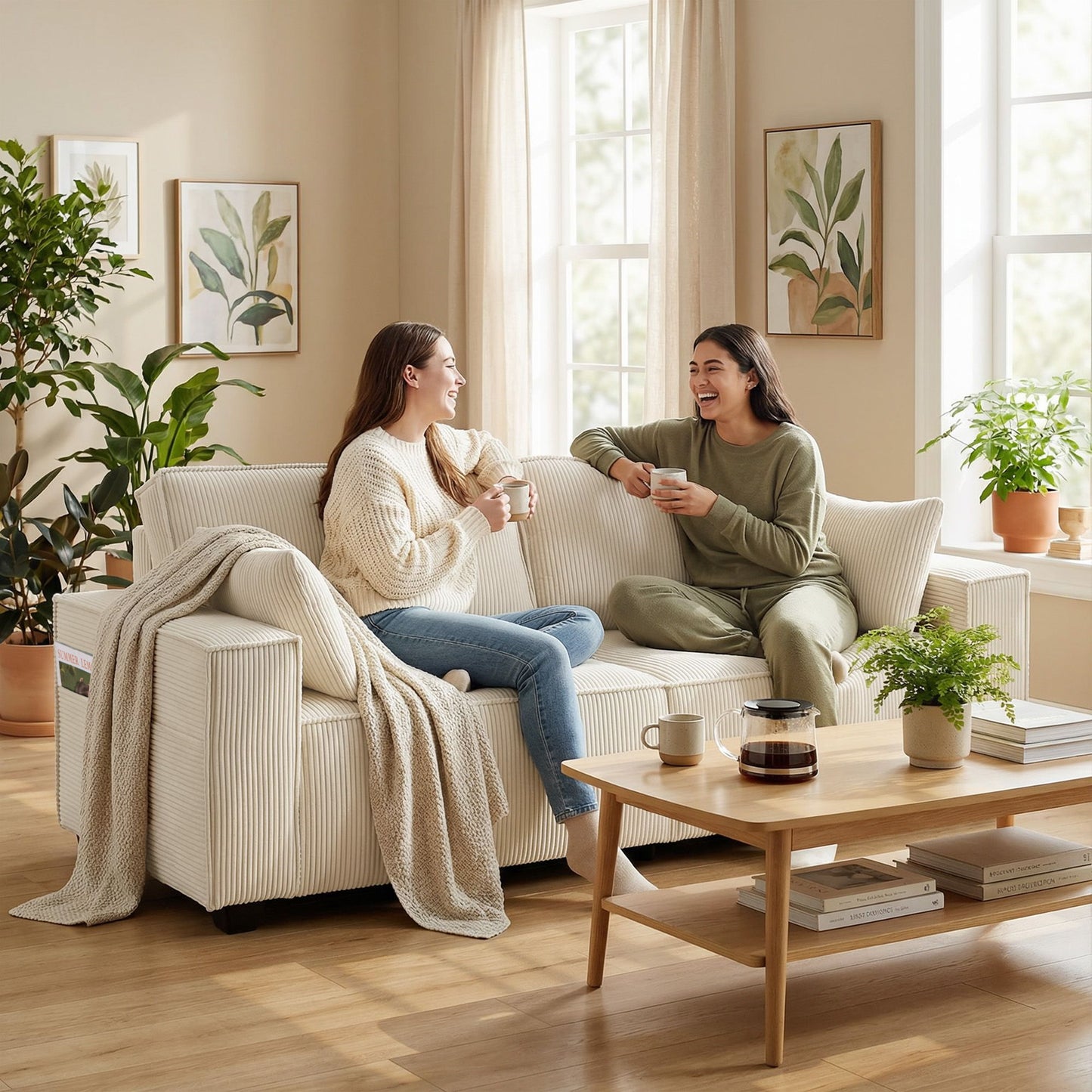 86" 3 Seater Sofa, Modern Corduroy Upholstered Couch, Beige