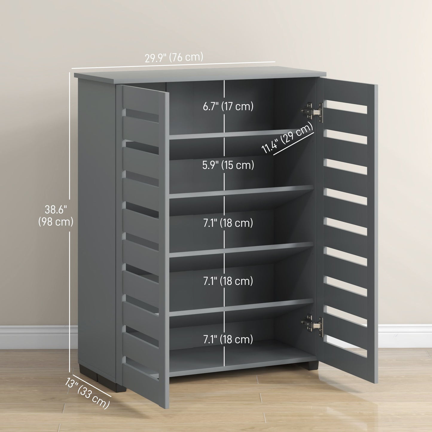 Shoe Storage Cabinet, Shoe Cabinet with 2 Slatted Doors for 15 Pairs of Shoes, Dark Grey