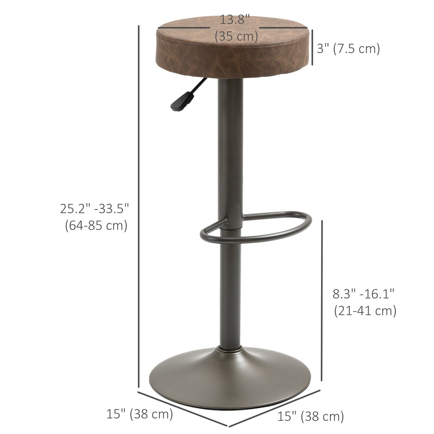 Set of 2 Adjustable Swivel Bar Stools with Footrest - Brown