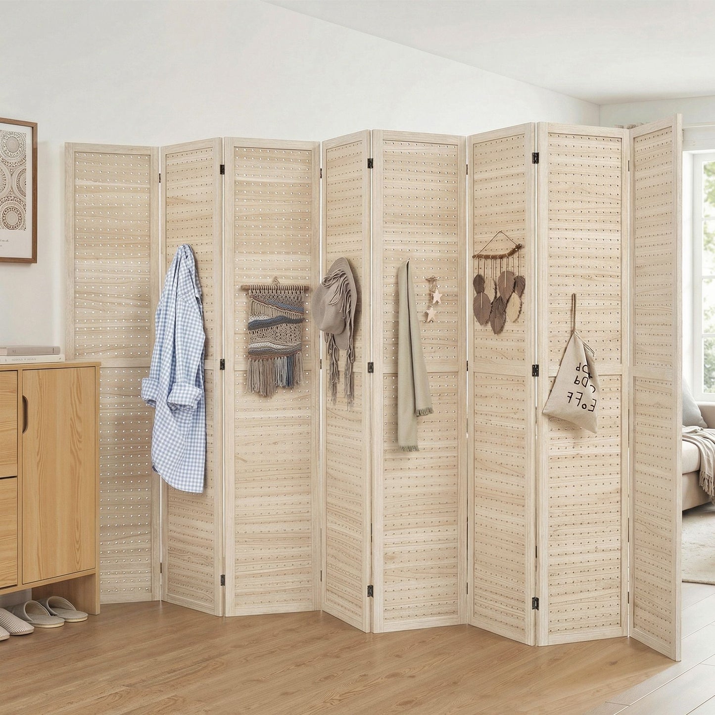 5.6 Ft. Tall 8-Panel Room Divider, Pegboard Panel Folding Privacy Screen, Partition Wall Divider for Bedroom, Natural