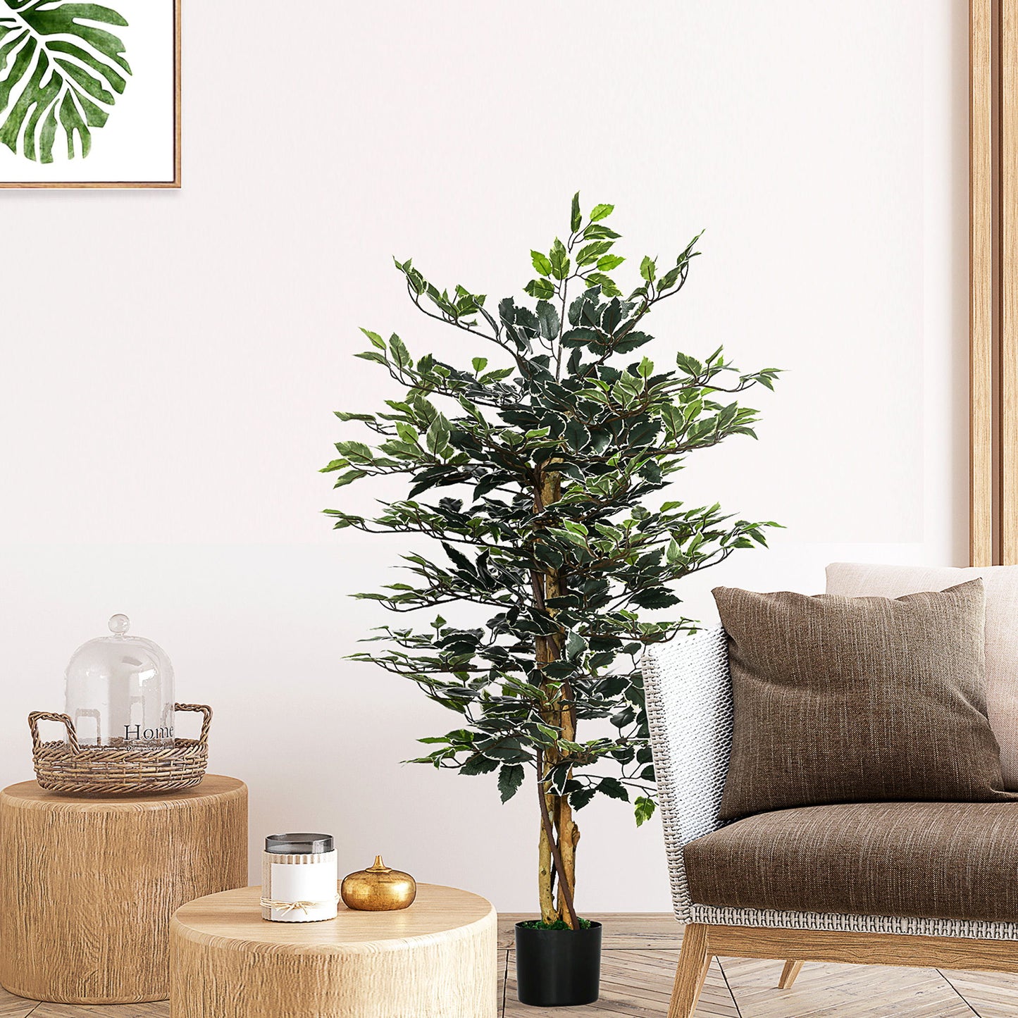 4.3FT Artificial Ficus Tree, Fake Tree with Leaves, Faux Plant in Nursery Pot for Indoor Decoration