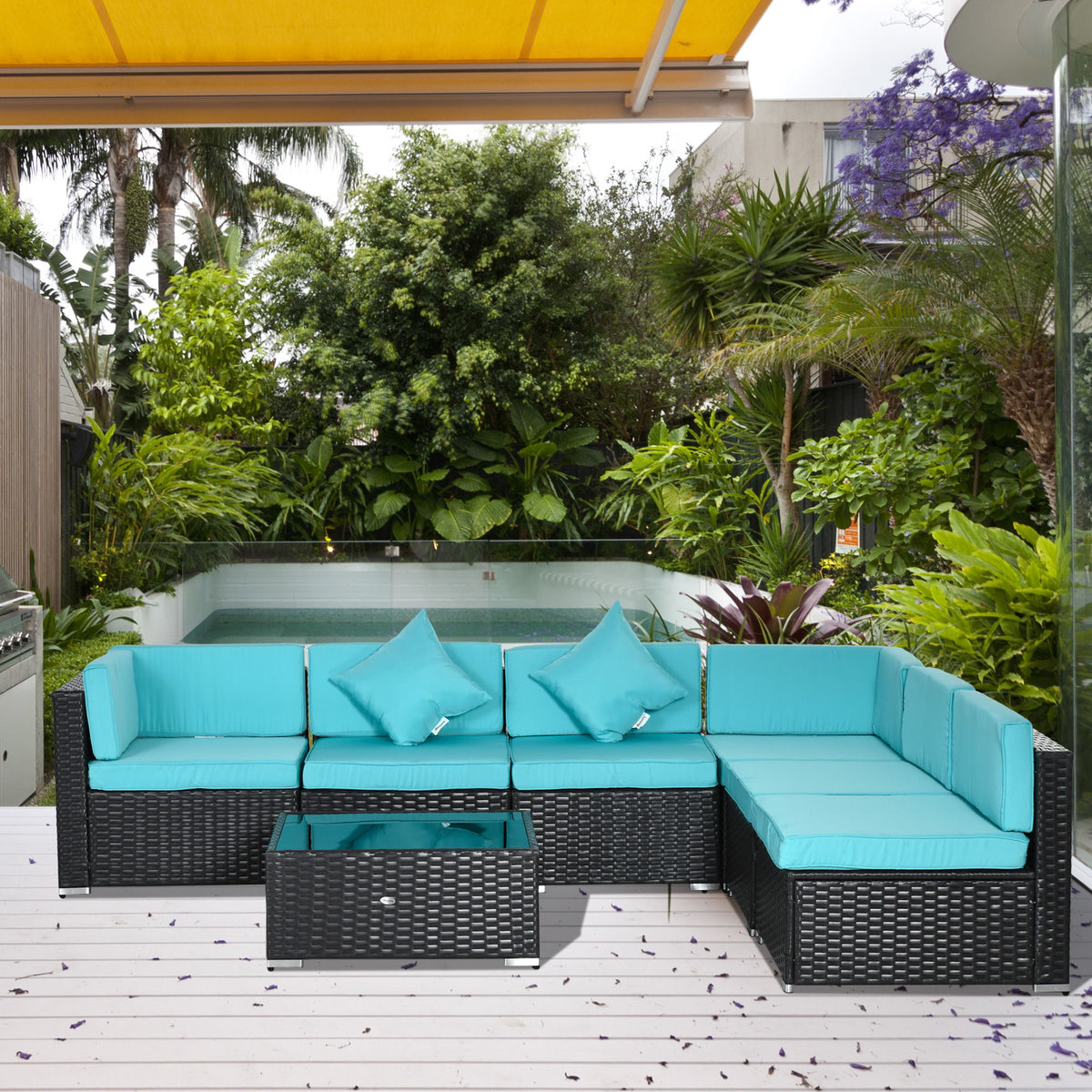 7 Pieces Patio Sofa Outdoor Wicker Sectional Patio Furniture, Deep Coffee & Light Blue
