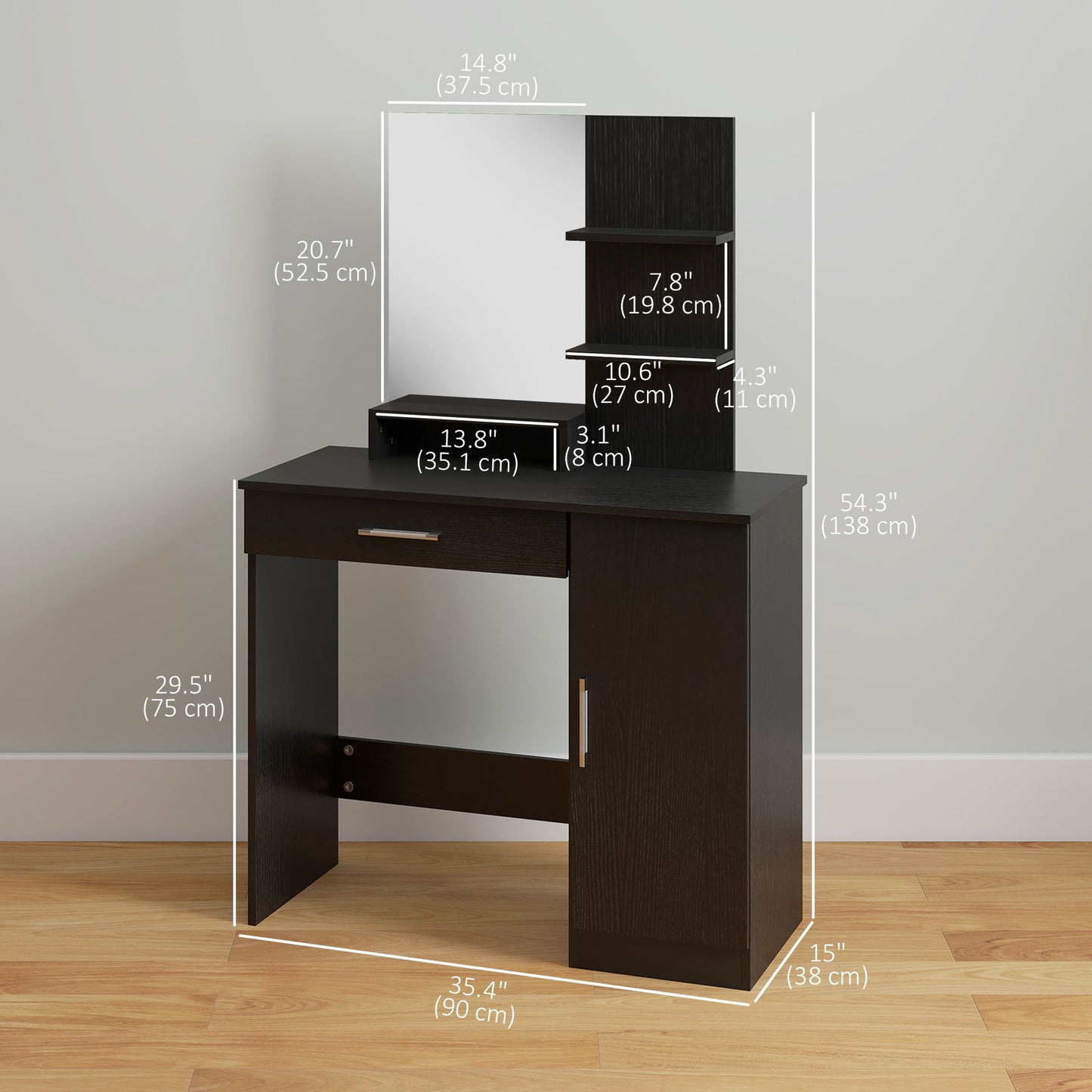 Vanity Desk with Mirror, Makeup Vanity w/ Drawer, Open Compartment and Shelves, Cabinet, Adjustable Shelves for Bedroom