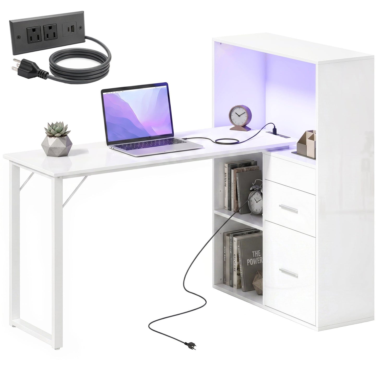 54" Computer Desk with Drawers and LED Lights - White