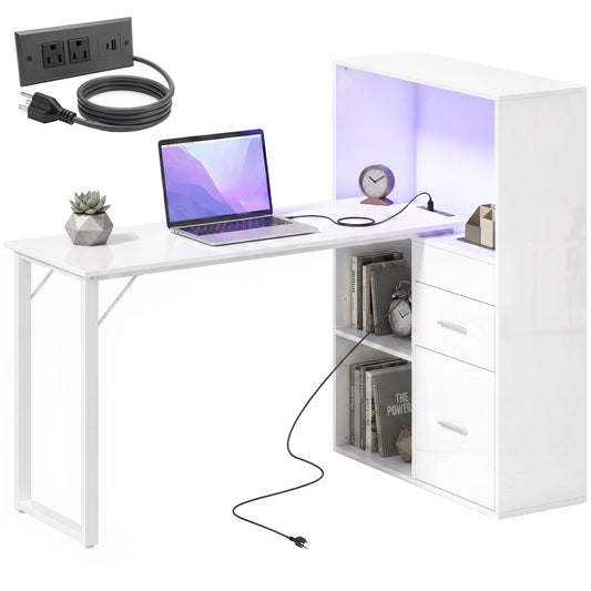 54" Computer Desk with Drawers and LED Lights - White