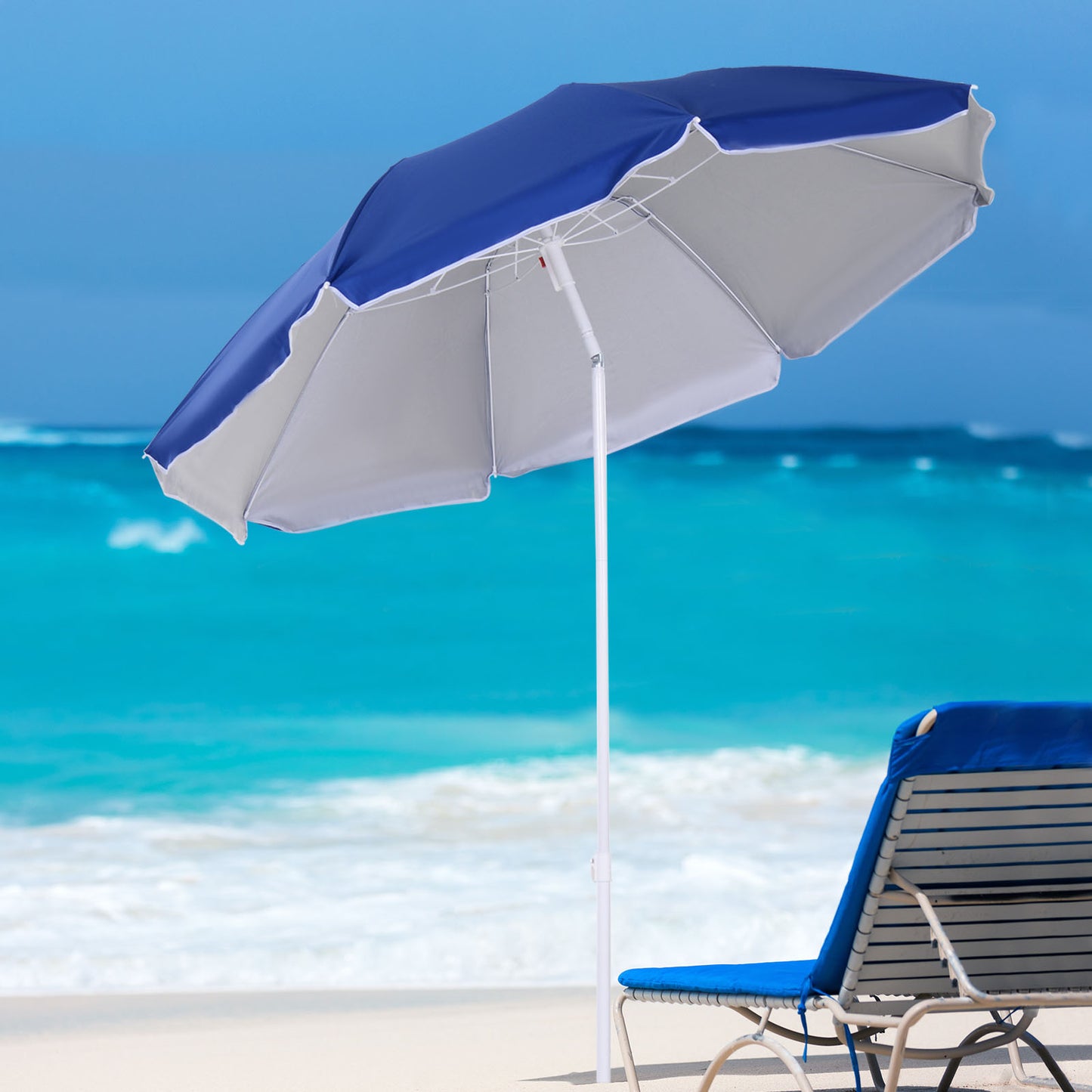 6.7ft Beach Umbrella with Push Button Tilt, Ruffled Outdoor Umbrella with Carry Bag and 8 Ribs, Blue