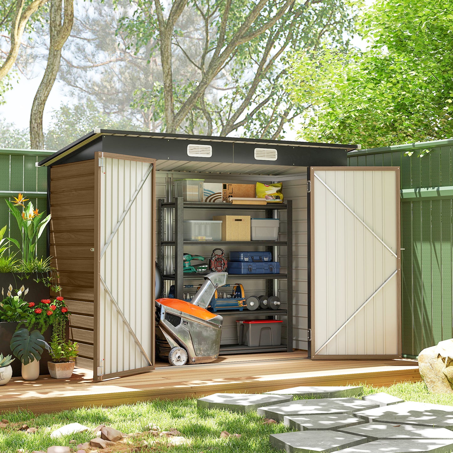 8 x 4 ft Galvanized Garden Storage Shed, Metal Outdoor Tool House with Double Doors and Dual Vents for Backyard and Patio Storage, Teak