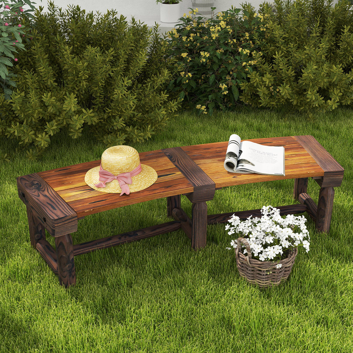 Wooden Outdoor Bench, Wrap Around Tree Bench with Slatted Seat for Yard, Garden, Deck, Lawn, Brown