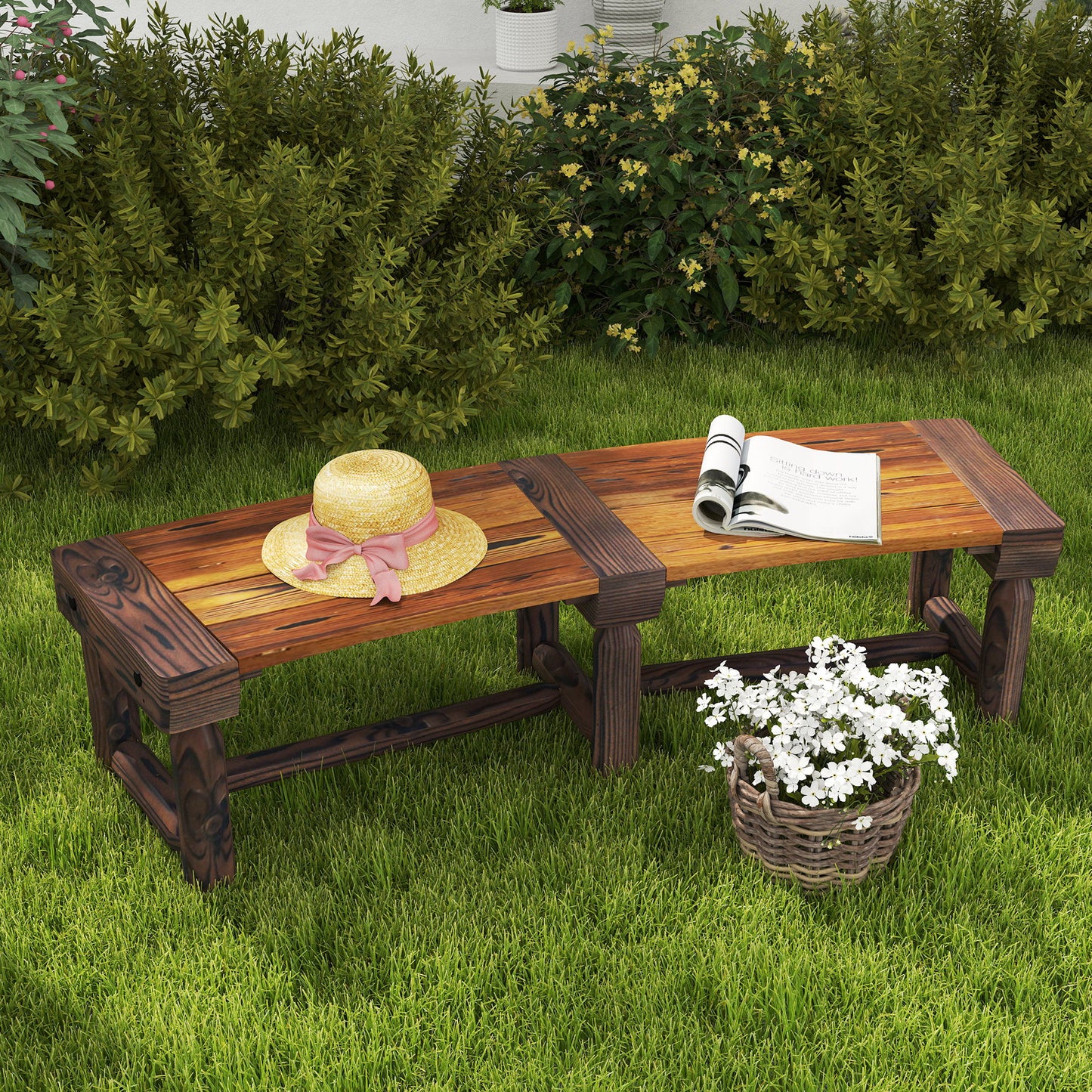 Wooden Outdoor Bench, Wrap Around Tree Bench with Slatted Seat for Yard, Garden, Deck, Lawn, Brown