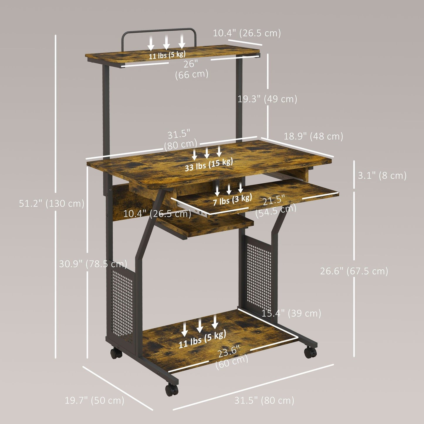 32" Mobile Computer Desk with Keyboard Tray - Rustic Brown