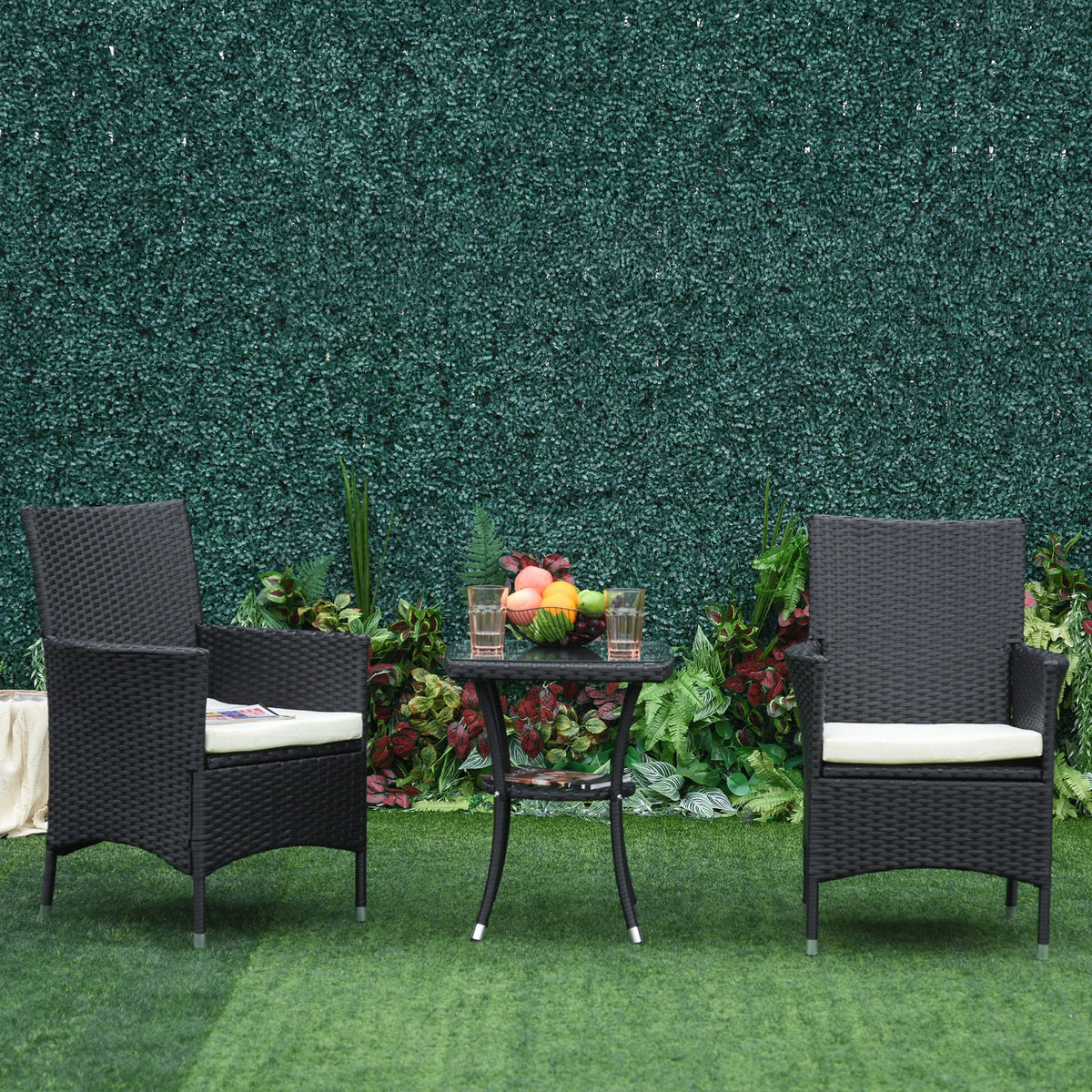 3 Pieces Patio Bistro Set, Outdoor PE Rattan Porch Furniture with Two Armchairs, Glass Top Coffee Table, Black