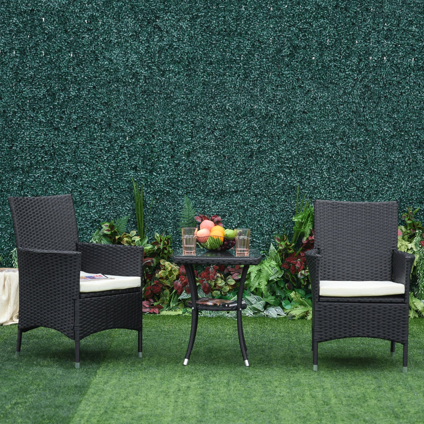 3 Pieces Patio Bistro Set, Outdoor PE Rattan Porch Furniture with Two Armchairs, Glass Top Coffee Table, Black