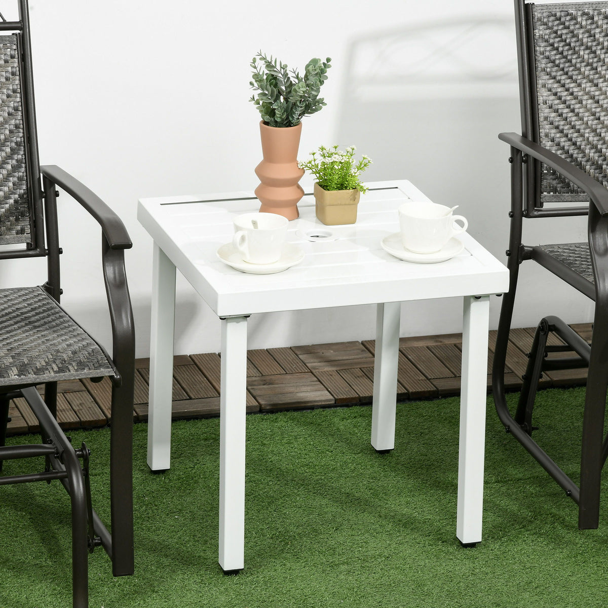 Outdoor Side Table, Patio End Table with Umbrella Hole, Small Coffee Table with Steel Frame for Balcony, White