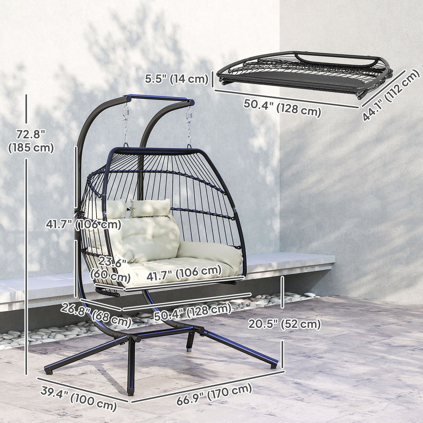 Double Wicker Egg Swing Chair with Stand, Foldable Hanging Egg Chair with UV Resistant Cushion, Headrest, Cream White