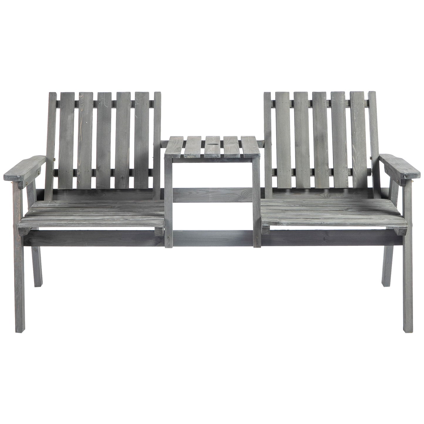 2-Seater Outdoor Bench with Middle Table, Wooden Garden Bench with Parasol Hole, Patio Loveseat for Yard, Porch, Grey