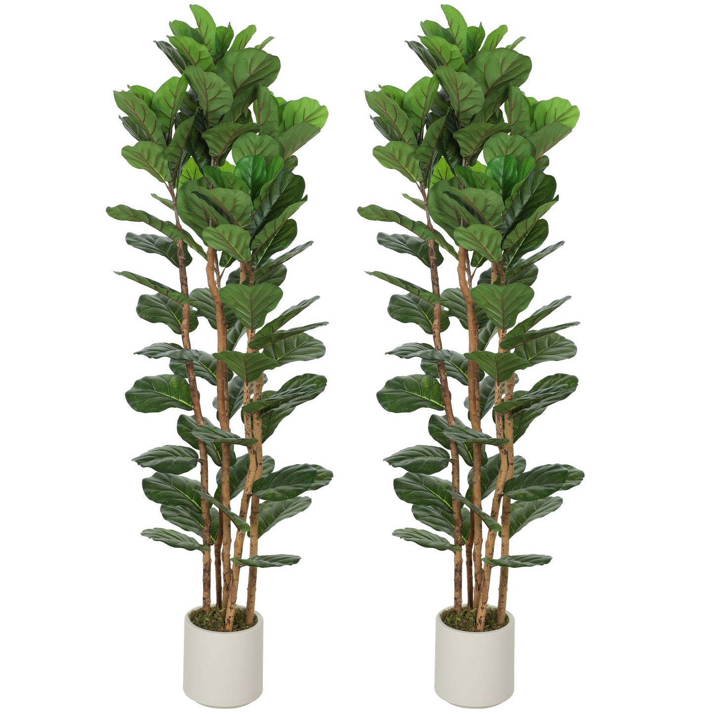 6FT Artificial Fiddle Leaf Fig Tree Set of 2, Fake Potted Tree with Solid Wood Trunks for Indoor Decor, Green