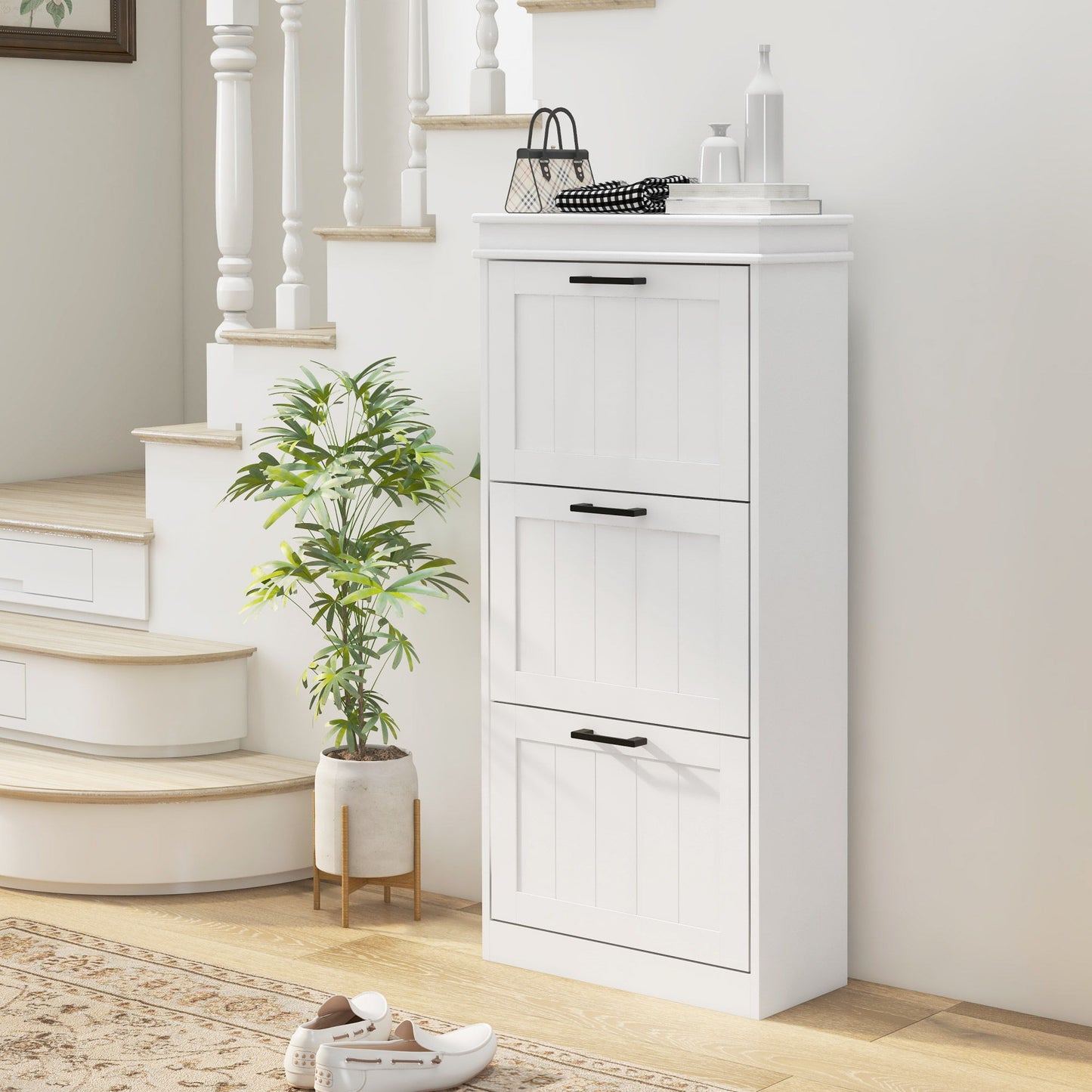 Slim Shoe Cabinet with 3 Flip Drawers and Adjustable Shelves, Narrow Shoe Cabinet for 15 Pairs of Shoes, White