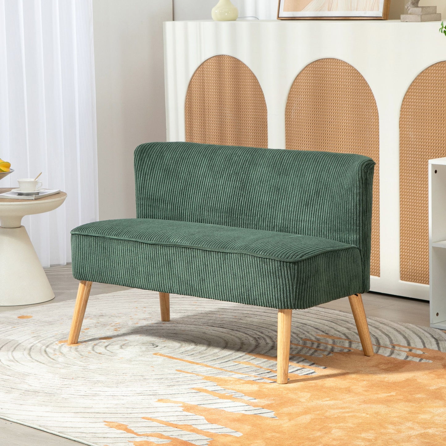 Modern 2 Seater Sofa, Upholstered Two Seater Couch with Rubber Wood Legs, Green