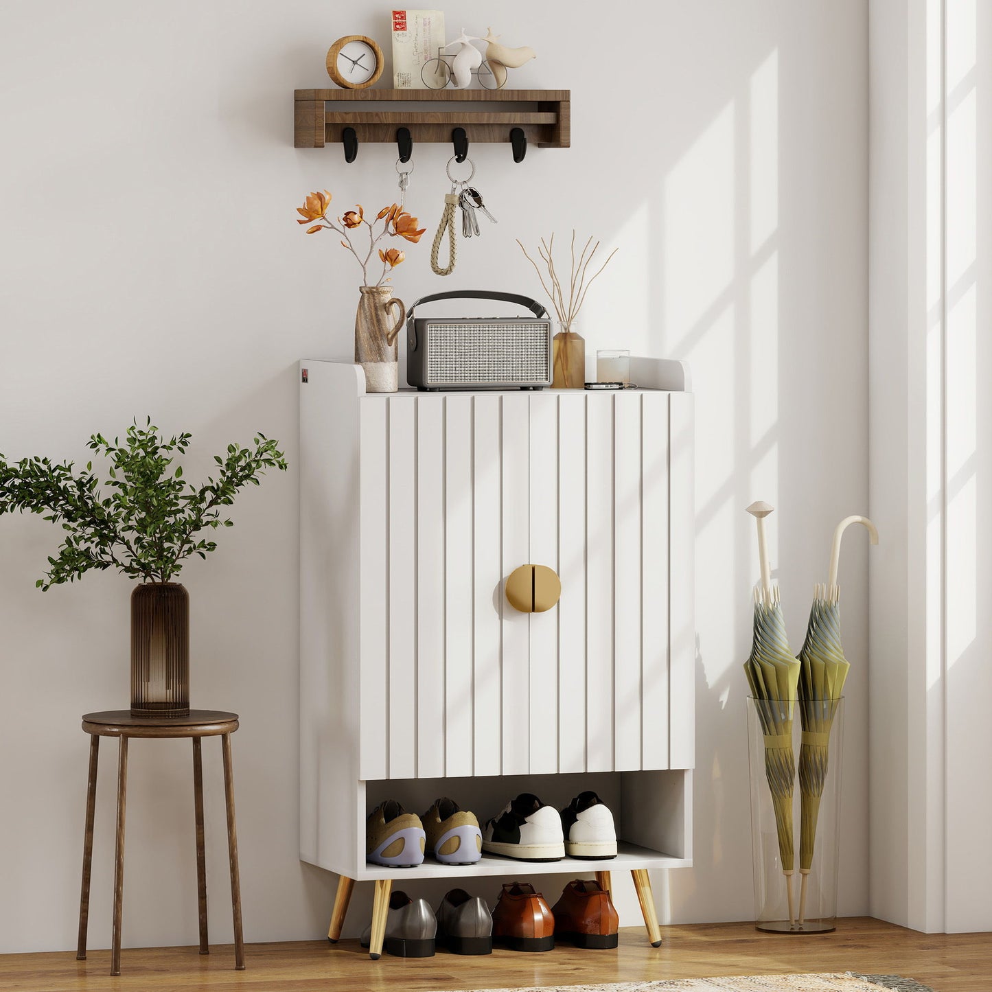 Entryway Shoe Storage Cabinet, Narrow Shoe Cabinet with Adjustable Shelves and Open Shelf for 15 Pairs of Shoes, White